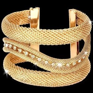 Mesh Swirl Pave set Crystal cz rhinestone Bangle Cuff Statement Bracelet Gold